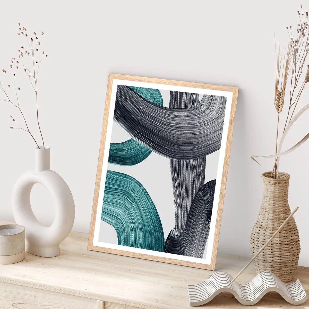 Poster în ramă de stejar deschis - Trasee de smarald și negru - 50x70 cm