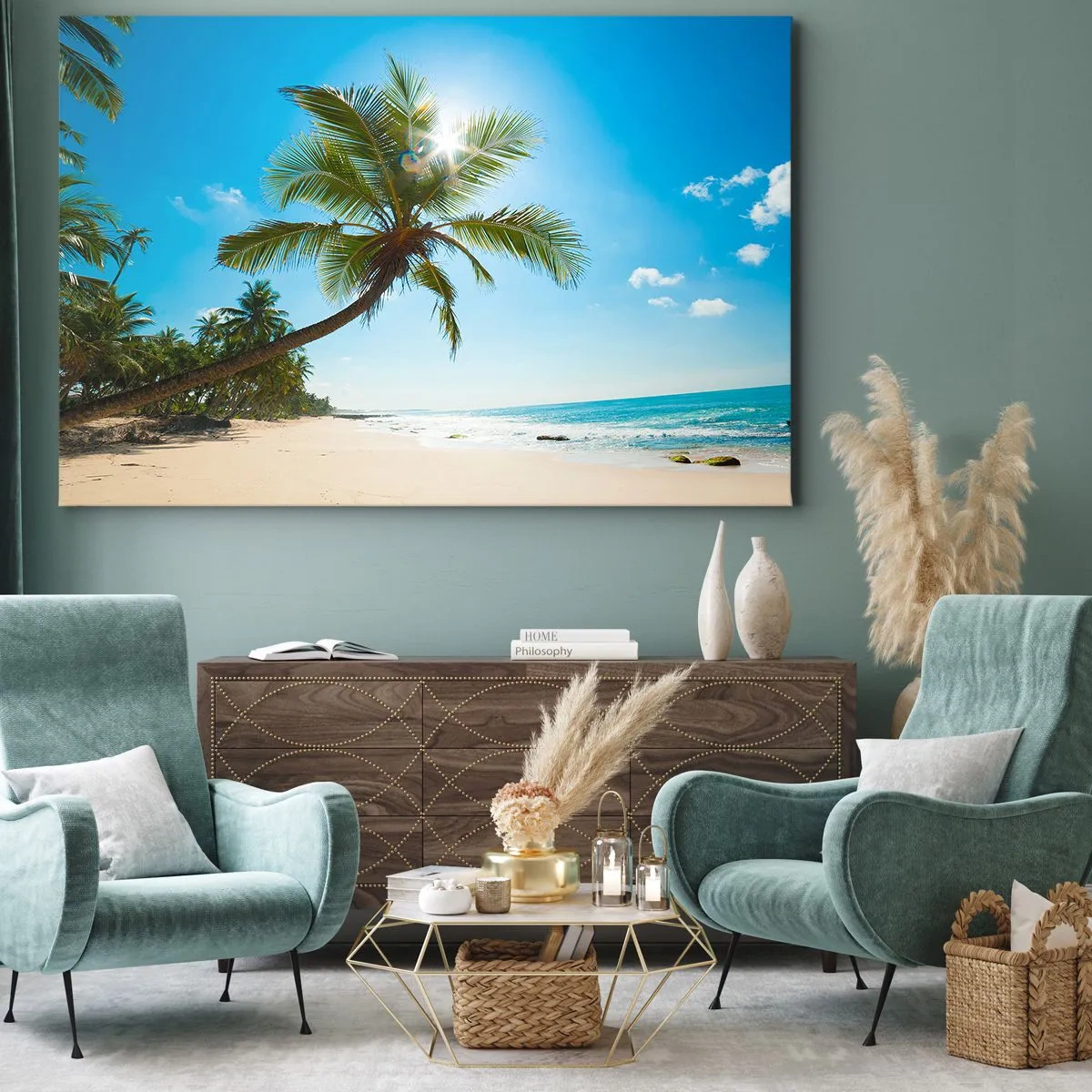 Tablou pe pânză Canvas - O plajă cu palmieri într-un peisaj tropical - 70x50cm - Nu arăta nimănui - Decorațiune modernă pentru perete pentru living și dormitor ARTTOR