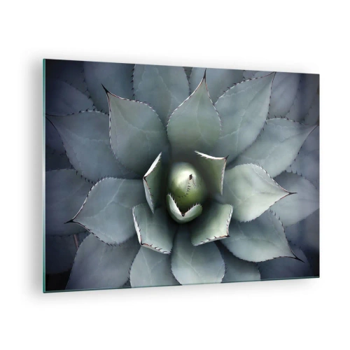 Tablou pe sticlă - Un prim-plan al frunzelor de agave simetrice, de culoarea oțelului. - 70x50cm - Momește și avertizează - Decorațiune modernă pentru perete pentru living și dormitor ARTTOR