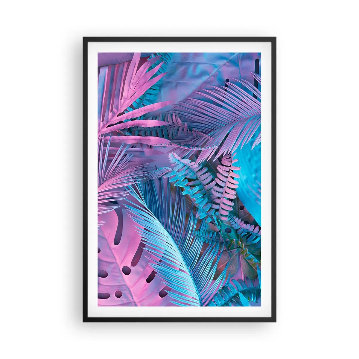 Poster în ramă neagră - Palmieri în alb și albastru - 61x91 cm