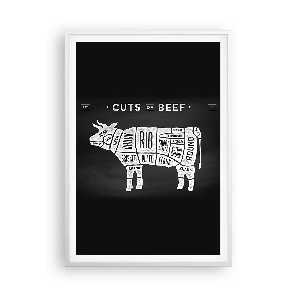 Poster în ramă albă - Abecedar de măcelar - 70x100 cm