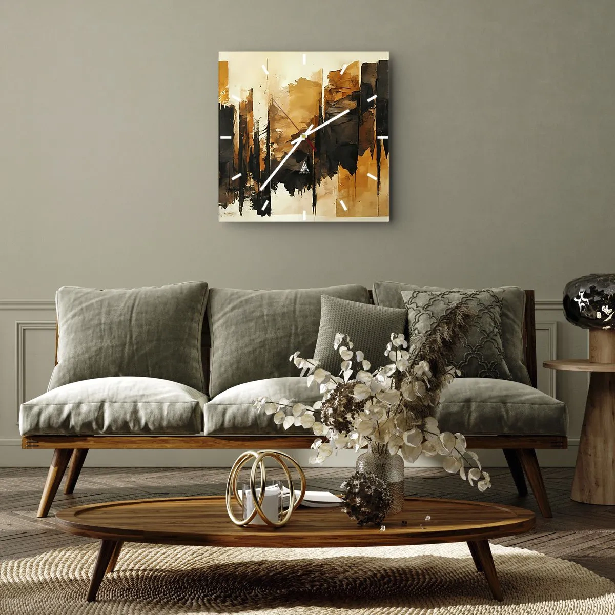 Ceas de perete - Ceas pe sticlă - Armonie de negru și auriu - 40x40 cm