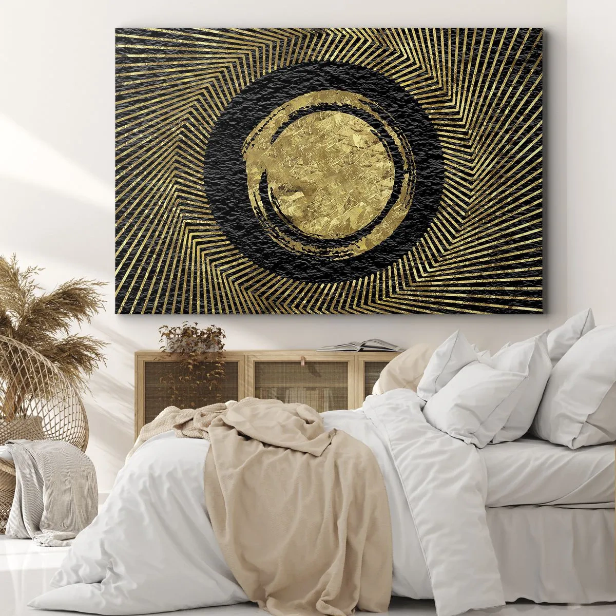 Tablou pe pânză Canvas - Compoziție geometrică în negru și auriu cu raze - 70x50cm - Compoziție glamour - Decorațiune modernă pentru perete pentru living și dormitor ARTTOR