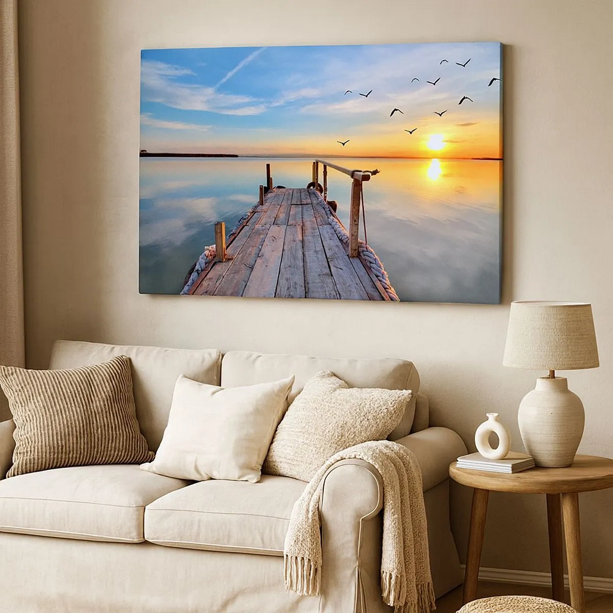 Tablou pe pânză Canvas - Dig de lemn la apus pe un lac liniștit - 70x50cm - Mergând înainte spre soare - Decorațiune modernă pentru perete pentru living și dormitor ARTTOR