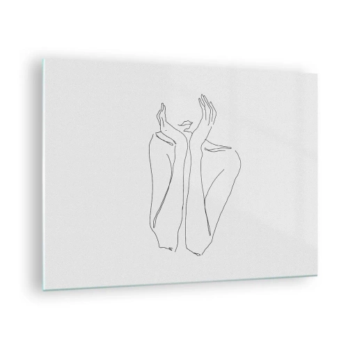 Tablou pe sticlă - Un desen minimalist al mâinilor și feței unei femei - 70x50cm - La ce visează fetele - Decorațiune modernă pentru perete pentru living și dormitor ARTTOR