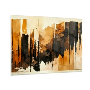 Tablou pe sticlă - Abstracție auriu-maro cu structuri verticale - 70x50cm - Armonie de negru și auriu - Decorațiune modernă pentru perete pentru living și dormitor ARTTOR