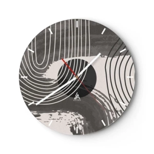 Ceas de perete - Ceas pe sticlă - Linii albe și negre într-un ritm ondulat care înconjoară un cerc negru - 30x30cm - Ovalul câștigă - Decorațiune modernă pentru perete pentru living, bucătărie și dormitor ARTTOR