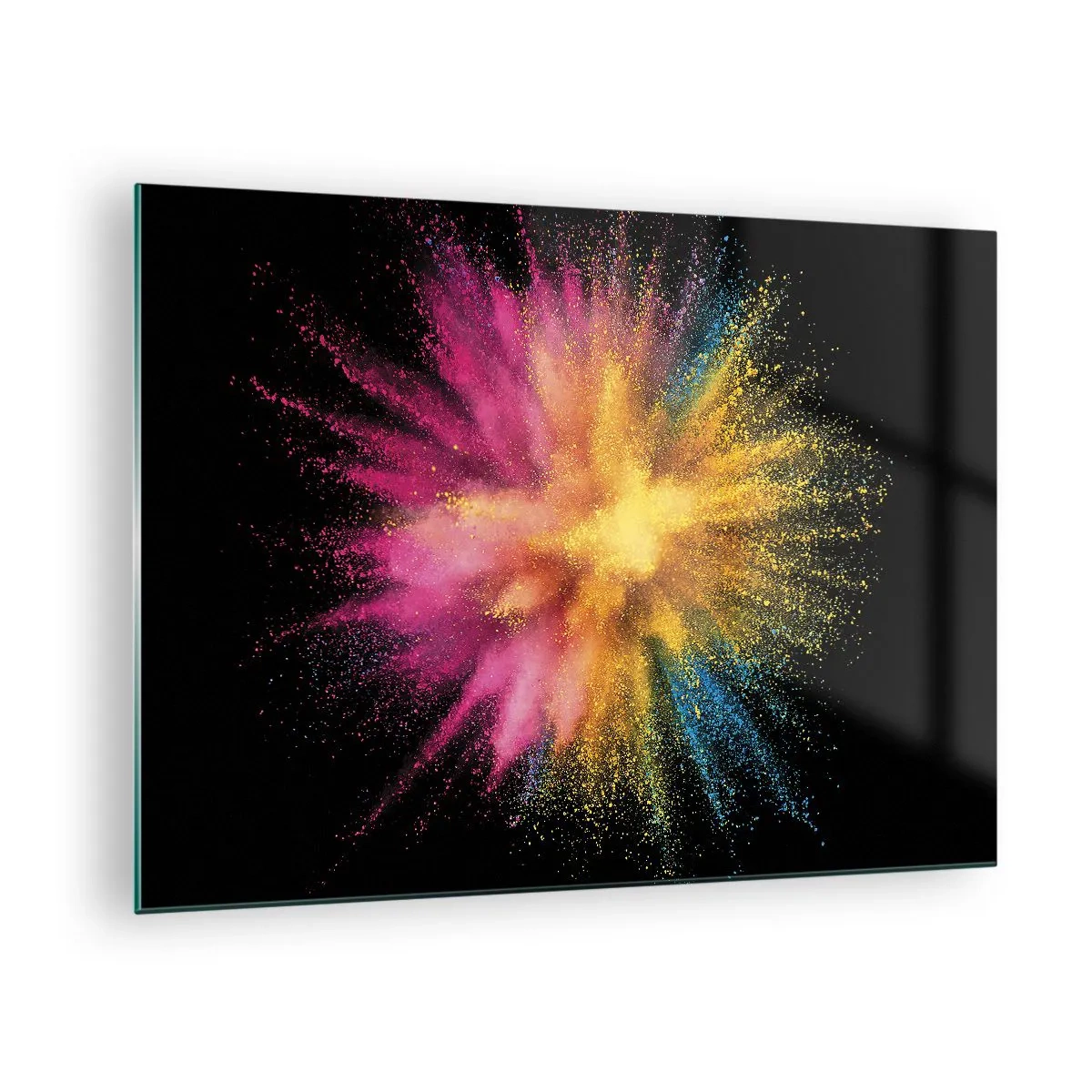 Tablou pe sticlă - Explozie de pulbere colorată pe fundal negru - 70x50cm - Nașterea culorii  - Decorațiune modernă pentru perete pentru living și dormitor ARTTOR