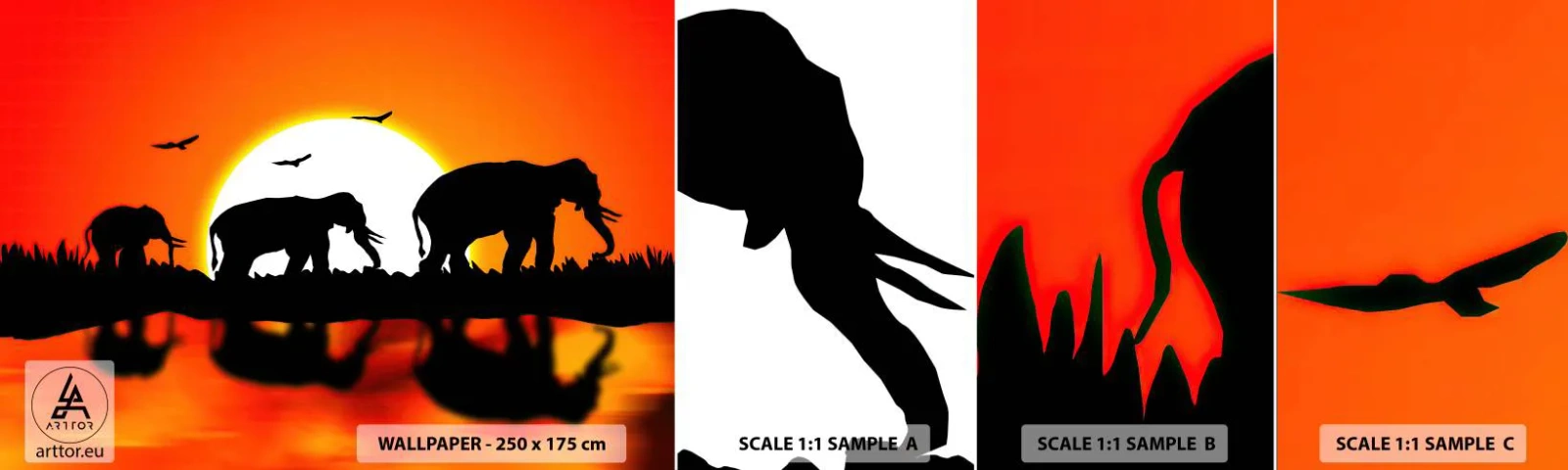 Mostră tapet autocolant Deluxe Sticker - Și seara pentru un pahar - Animale, Africa, Elefant - 100x30 cm