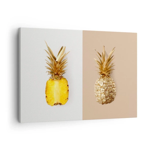 Tablou pe pânză Canvas - Jumătate de ananas proaspăt, auriu, pe un fundal contrastant - 70x50cm - Ananas de împărțit - Decorațiune modernă pentru perete pentru living și dormitor ARTTOR