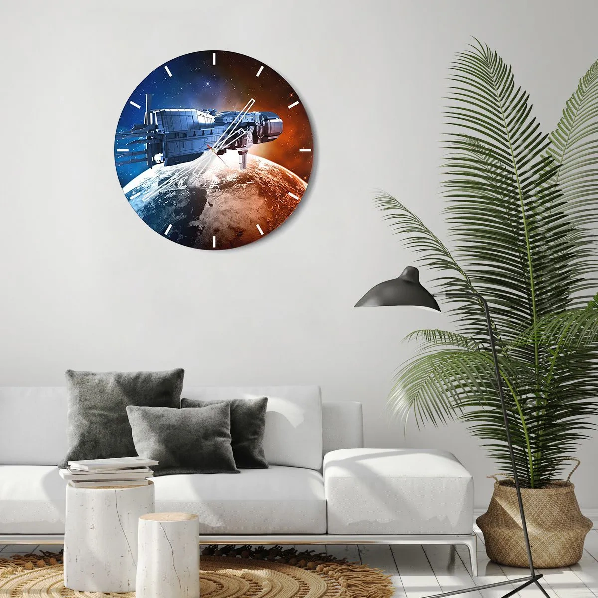 Ceas de perete - Ceas pe sticlă - Un cadran de ceas cu motivul unei nave spațiale plutind deasupra Pământului - 30x30cm - Observator atent - Decorațiune modernă pentru perete pentru living, bucătărie și dormitor ARTTOR