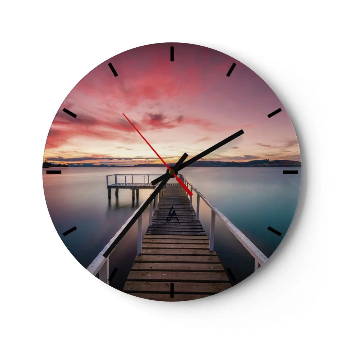 Ceas de perete - Ceas pe sticlă - Un dig peste un lac liniștit la apus - 30x30cm - Flacăra blândă a serii - Decorațiune modernă pentru perete pentru living, bucătărie și dormitor ARTTOR