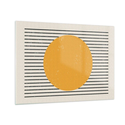 Tablou pe sticlă - Un cerc portocaliu pe un fundal de linii negre orizontale pe un fundal bej. - 70x50cm - Puterea simplității - Decorațiune modernă pentru perete pentru living și dormitor ARTTOR