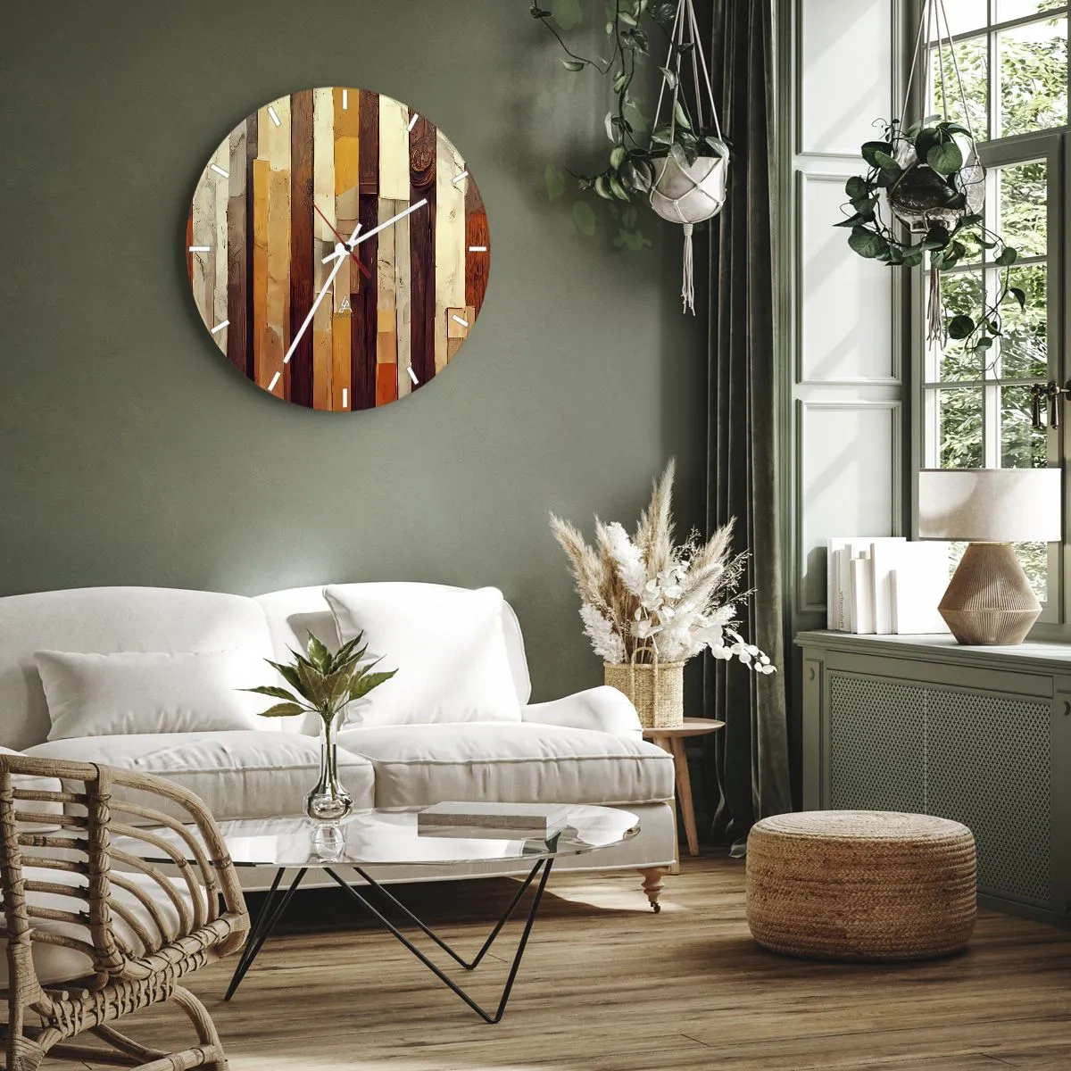 Ceas de perete - Ceas pe sticlă - Dungi verticale în nuanțe de lemn și bej într-un stil organic - 30x30cm - Imnul copacilor din pădure - Decorațiune modernă pentru perete pentru living, bucătărie și dormitor ARTTOR