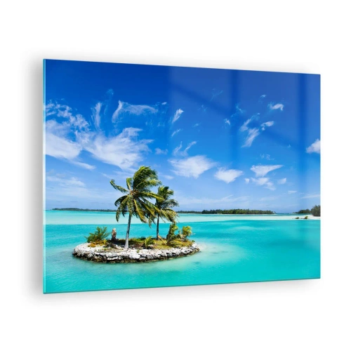 Tablou pe sticlă - O insulă tropicală pe fundalul unui ocean turcoaz - 70x50cm - Paradisul pe pământ - Decorațiune modernă pentru perete pentru living și dormitor ARTTOR