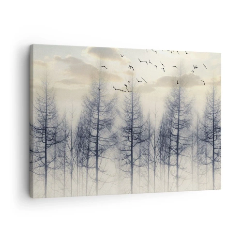 Tablou pe pânză Canvas - Pădure încețoșată cu păsări pe fundalul cerului apusului - 70x50cm - Spiritele pădurii - Decorațiune modernă pentru perete pentru living și dormitor ARTTOR