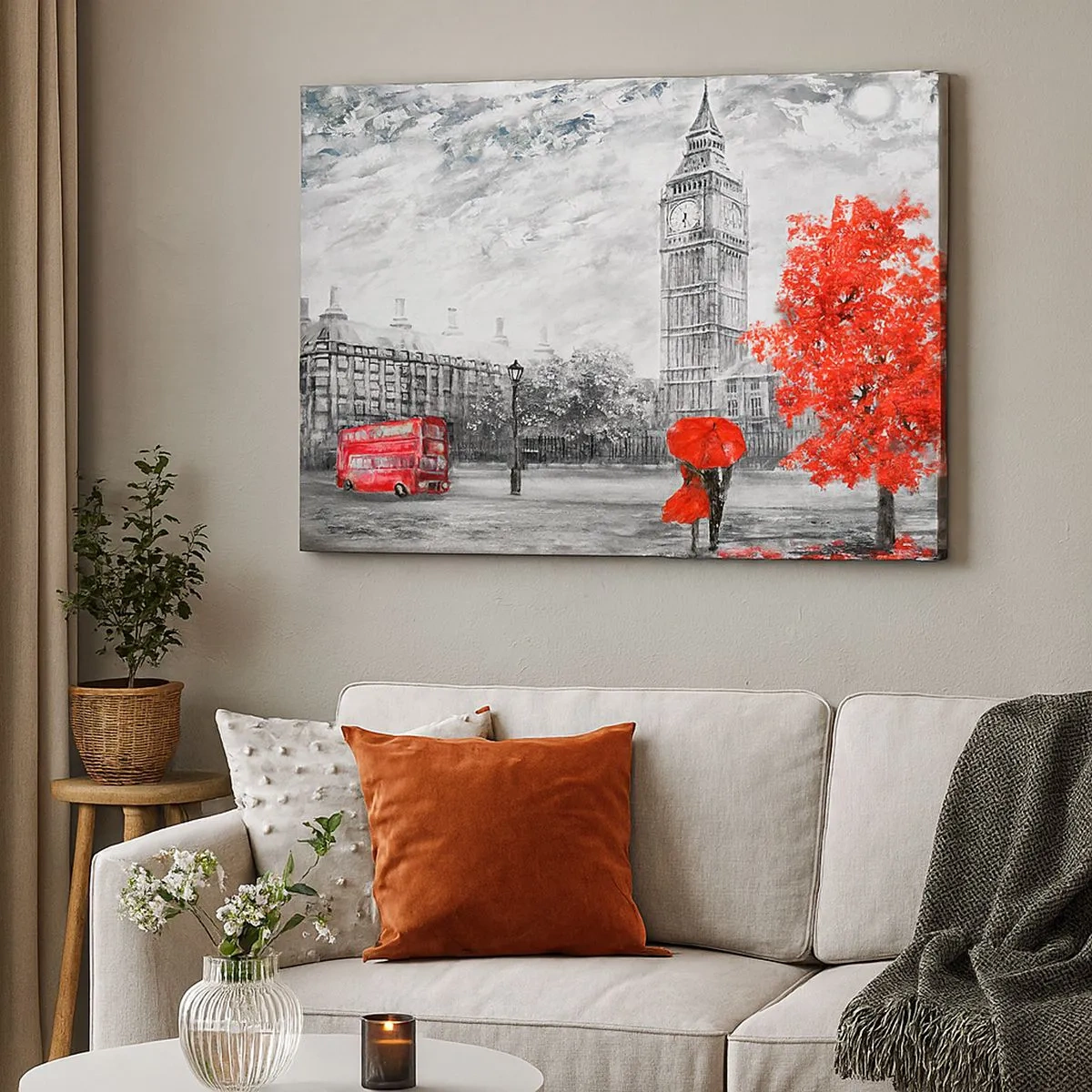 Tablou pe pânză Canvas - Vedere emblematică a Londrei cu Big Ben, un autobuz roșu și o umbrelă - 70x50cm - O zi excitantă - Decorațiune modernă pentru perete pentru living și dormitor ARTTOR