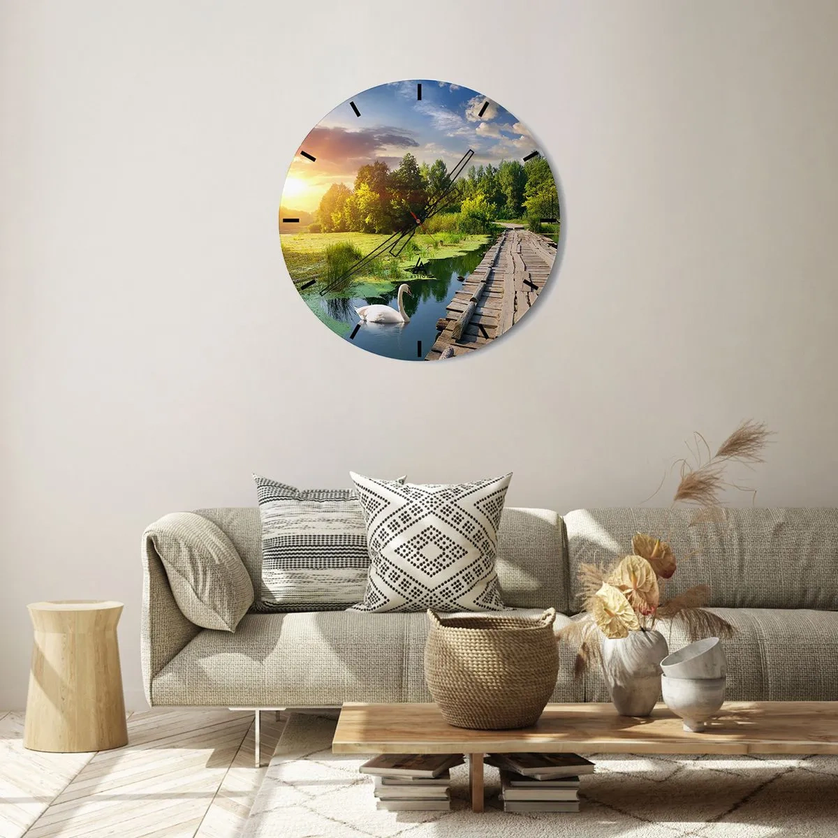 Ceas de perete - Ceas pe sticlă - Debarcader de lemn peste un lac la apus cu o lebădă - 30x30cm - Vară, vară peste tot - Decorațiune modernă pentru perete pentru living, bucătărie și dormitor ARTTOR