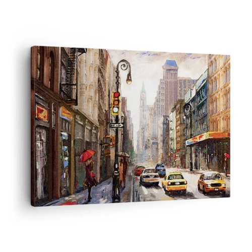 Tablou pe pânză Canvas - Peisaj urban cu o stradă și taxiuri galbene - 70x50cm - New York - plin de culoare și în ploaie - Decorațiune modernă pentru perete pentru living și dormitor ARTTOR