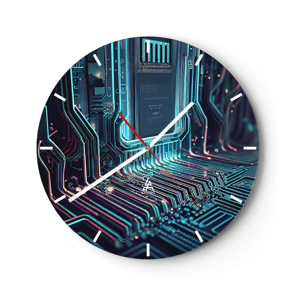 Ceas de perete - Ceas pe sticlă - Prim-plan al unui circuit integrat neon, în stil futurist - 30x30cm - Iată la ce mă gândesc... - Decorațiune modernă pentru perete pentru living, bucătărie și dormitor ARTTOR