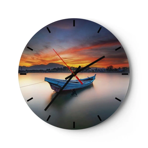 Ceas de perete - Ceas pe sticlă - O barcă pe ape calme la apus - 30x30cm - O noapte bună înainte - Decorațiune modernă pentru perete pentru living, bucătărie și dormitor ARTTOR