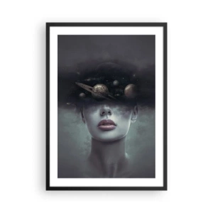 Poster în ramă neagră - Portretul misterios al unei femei cu planete în spațiu - 50x70cm - Și planetele o iau razna... - Decorațiune modernă pentru perete pentru living și dormitor ARTTOR