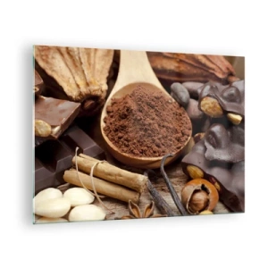 Tablou pe sticlă - O lingură de cacao înconjurată de ciocolată, condimente și nuci - 70x50cm - Cea mai bună pentru tristețe - Decorațiune modernă pentru perete pentru living și dormitor ARTTOR