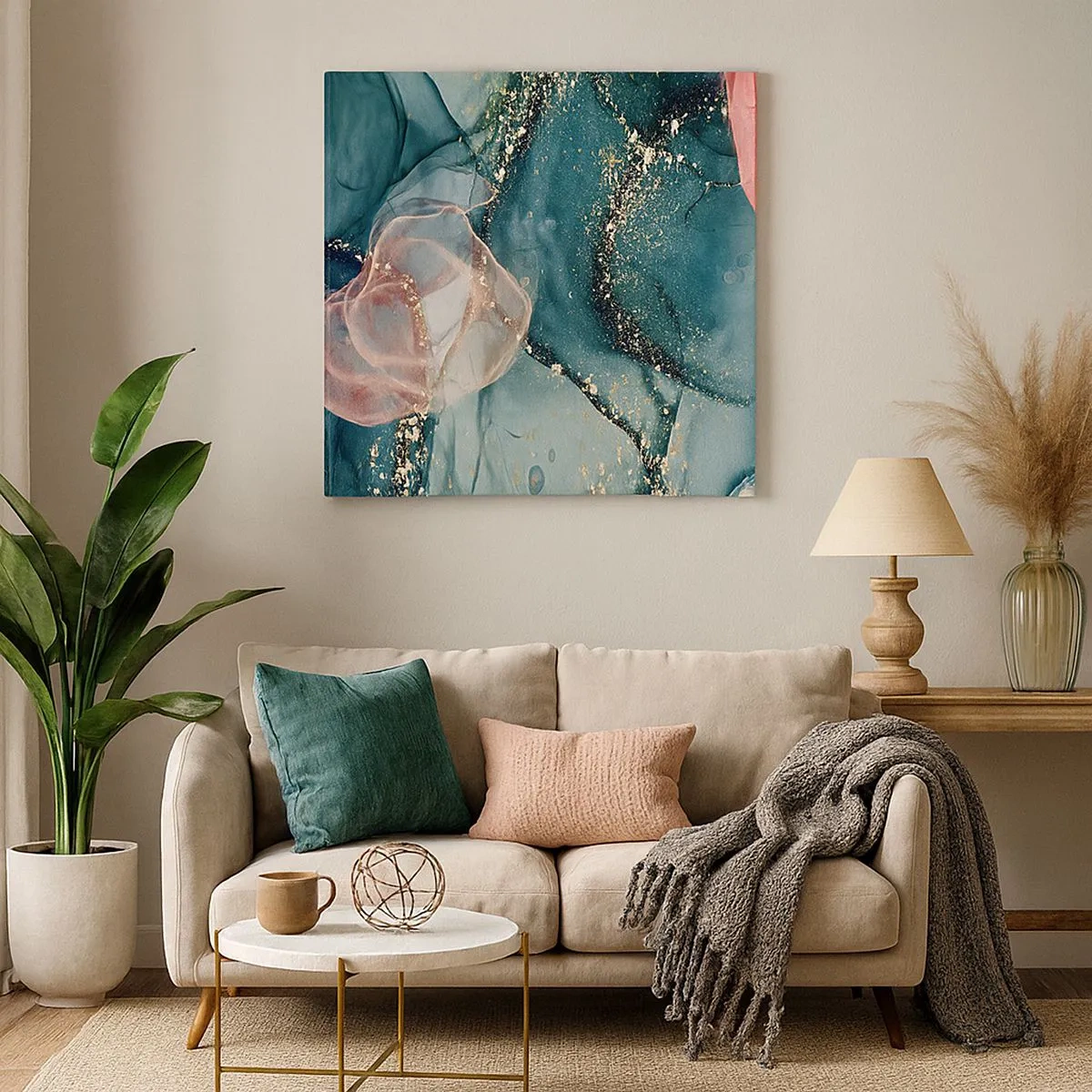 Tablou pe pânză - Mătase albastră, tul roz - 30x30 cm