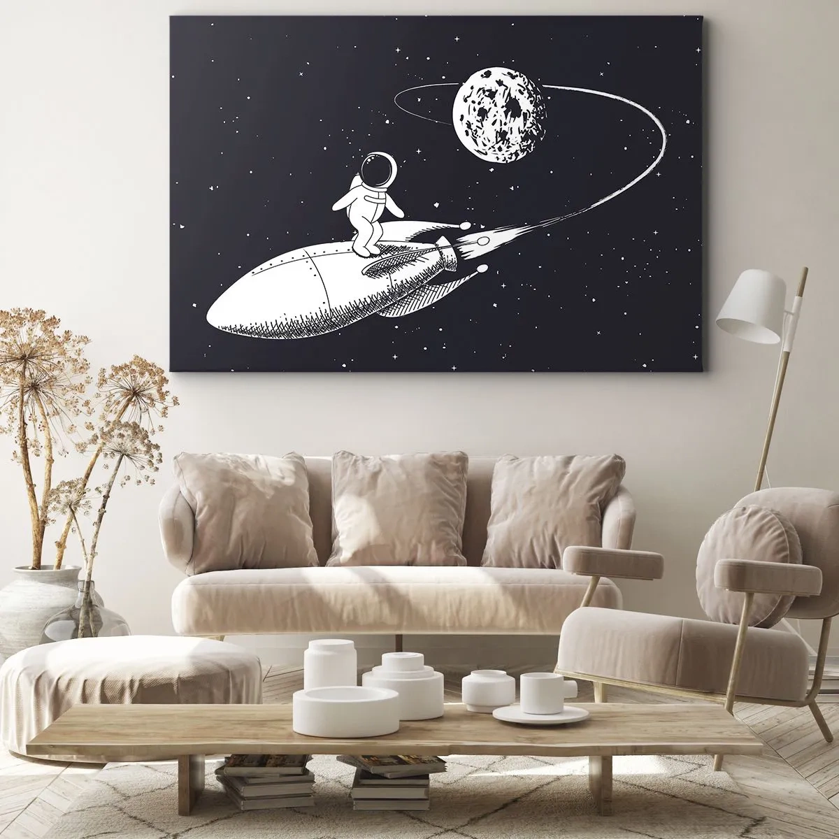 Tablou pe pânză Canvas - Astronautul pe o rachetă în spațiu - 70x50cm - Surfer spațial - Decorațiune modernă pentru perete pentru living și dormitor ARTTOR