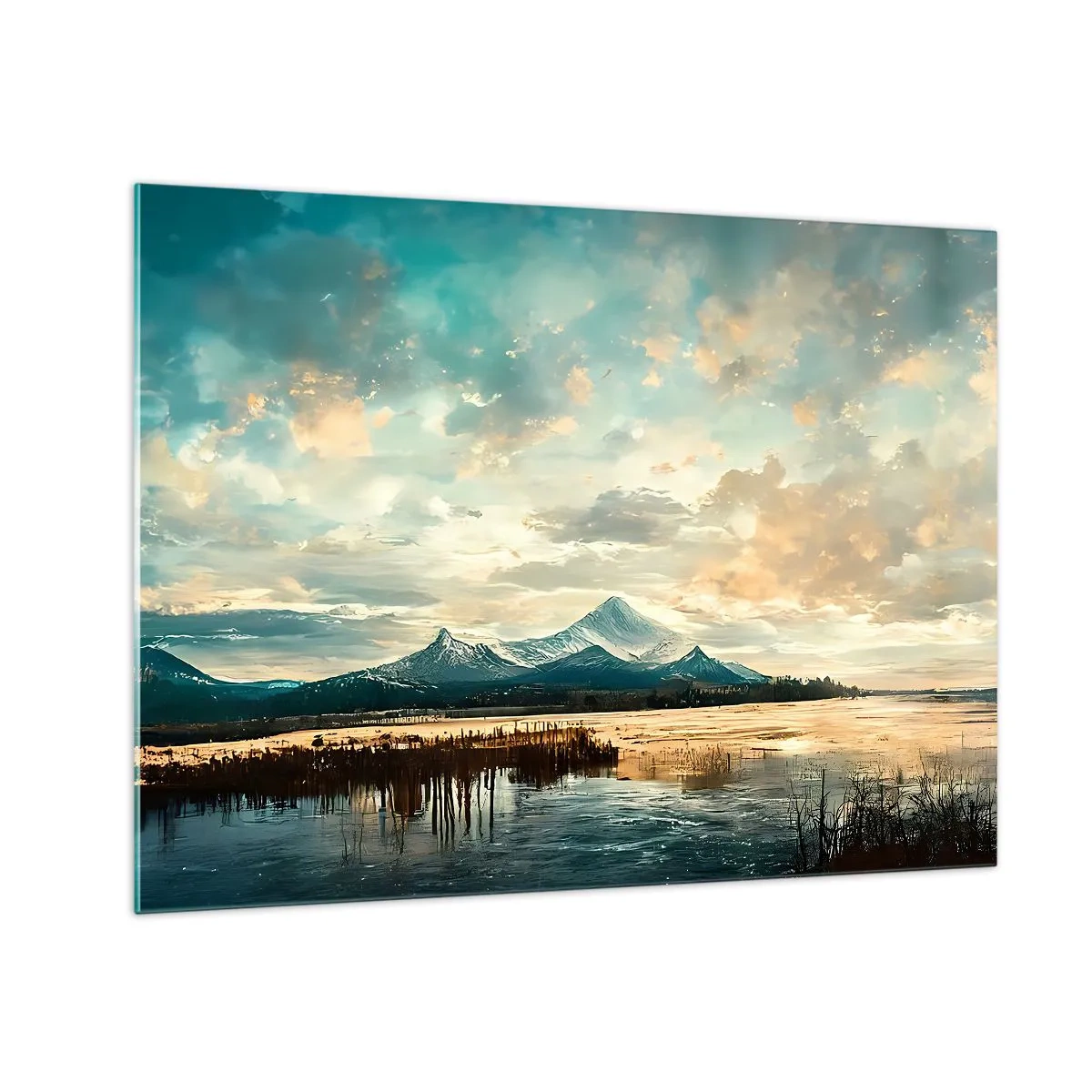 Tablou pe sticlă - Peisaj de iarnă cu munți și un lac înghețat - 70x50cm - Sub protecția cerului - Decorațiune modernă pentru perete pentru living și dormitor ARTTOR