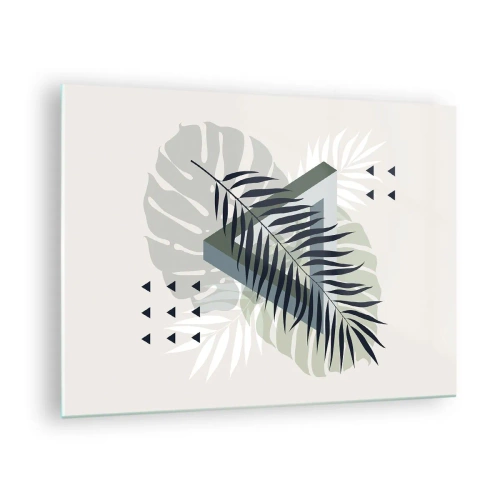 Tablou pe sticlă - O compoziție geometrică modernă cu frunze - 70x50cm - Natura și geometria - două ordine? - Decorațiune modernă pentru perete pentru living și dormitor ARTTOR
