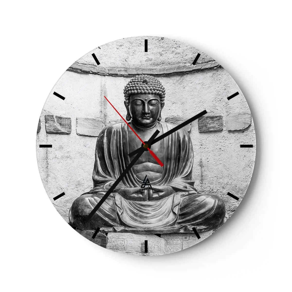 Ceas de perete - Ceas pe sticlă - O statuie a lui Buddha în stil monocrom pe un fundal de perete - 30x30cm - La sursa păcii - Decorațiune modernă pentru perete pentru living, bucătărie și dormitor ARTTOR
