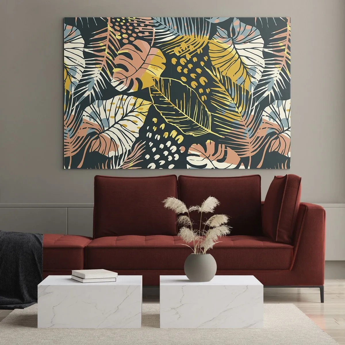 Tablou pe sticlă - Un model de frunze tropicale în culori vibrante, plin de energie și exotism. - 70x50cm - Fantezie cu frunze - Decorațiune modernă pentru perete pentru living și dormitor ARTTOR