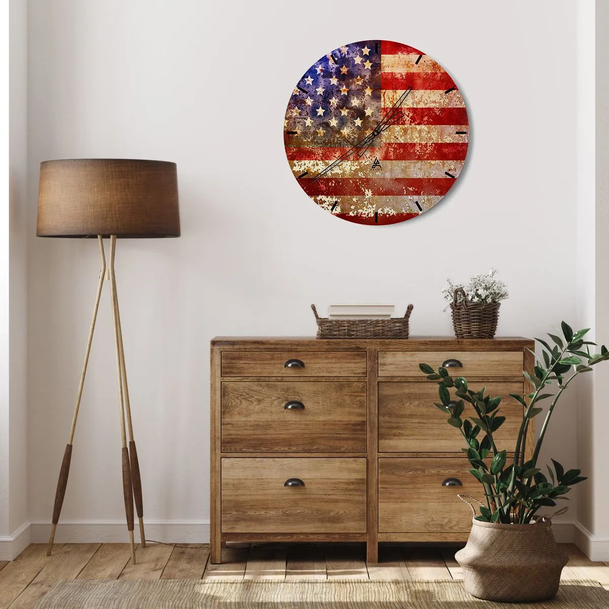 Ceas de perete - Ceas pe sticlă - Steag american vintage rustic - 30x30cm - Gloria nu trece - Decorațiune modernă pentru perete pentru living, bucătărie și dormitor ARTTOR