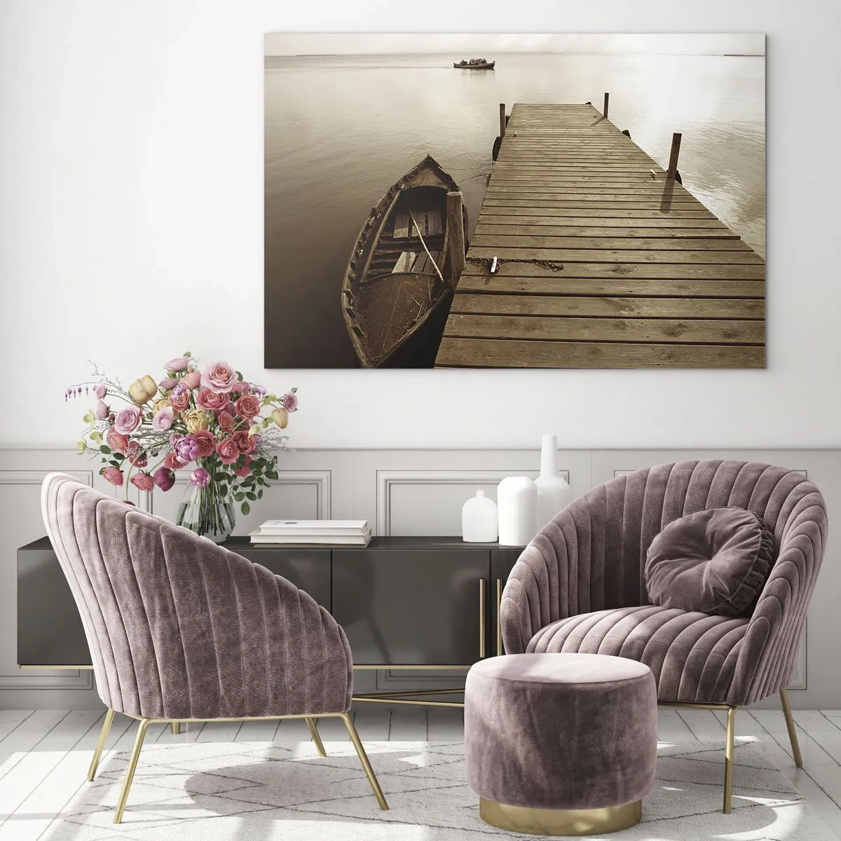Tablou pe sticlă - O barcă la un dig pe un lac liniștit, în sepia - 70x50cm - Marea pace - Decorațiune modernă pentru perete pentru living și dormitor ARTTOR