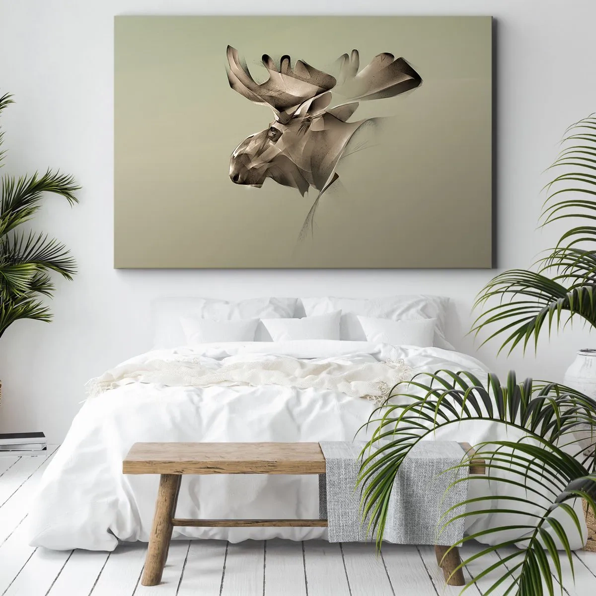 Tablou pe pânză Canvas - imagine abstractă a unui elan pe un fundal minimalist - 70x50cm - Puterea blândă a calmului - Decorațiune modernă pentru perete pentru living și dormitor ARTTOR