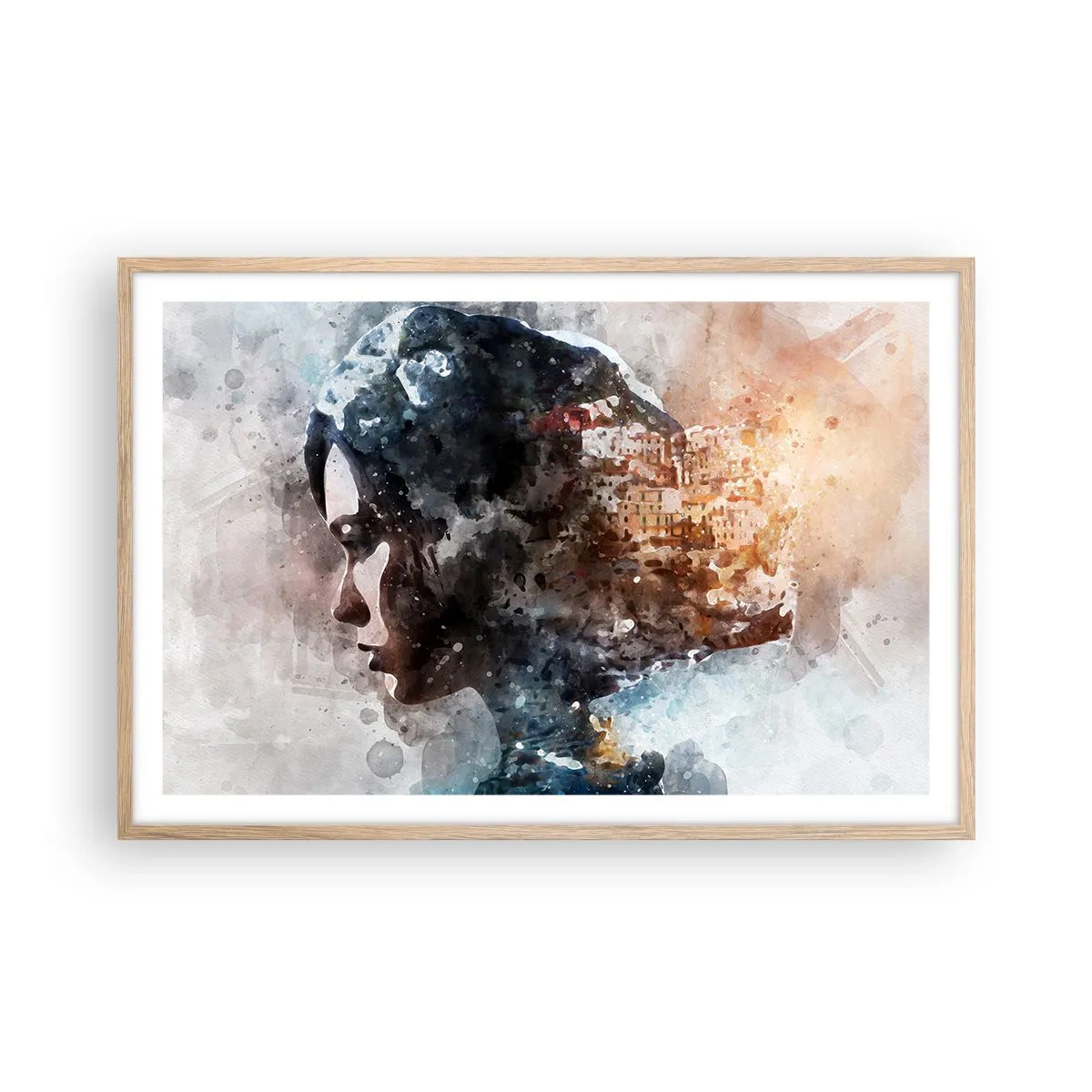 Poster în ramă de stejar deschis - Povestea unei fete cu un oraș în fundal - 91x61 cm