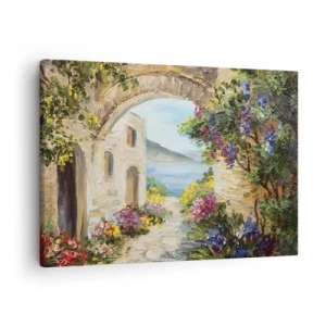 Tablou pe pânză Canvas - Peisaj litoral cu clădiri din piatră și flori - 70x50cm - Farmecul peisajului de coastă - Decorațiune modernă pentru perete pentru living și dormitor ARTTOR