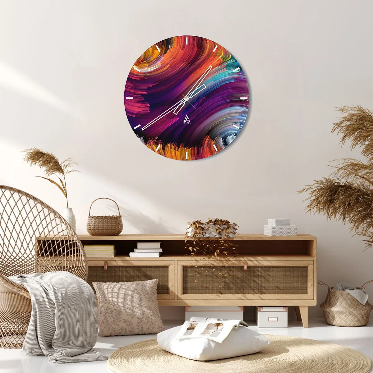 Ceas de perete - Ceas pe sticlă - Motiv abstract de vârtej în culori intense - 30x30cm - Începutul unei lumi noi - Decorațiune modernă pentru perete pentru living, bucătărie și dormitor ARTTOR