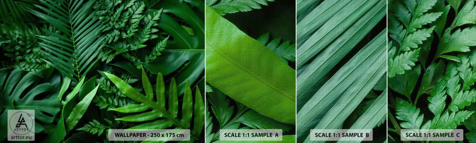 Mostră tapet Premium Canvas - Înfășurate în verde - Plantă exotică, Frunza de palmier, Frunza de monstera - 100x30 cm