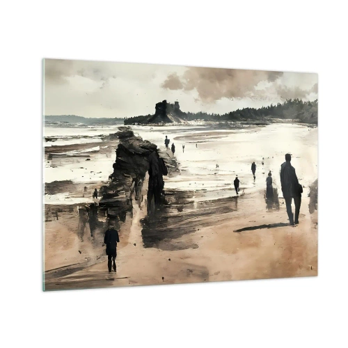 Tablou pe sticlă - Siluete mergând pe o plajă largă sub un cer înnorat - 70x50cm - Reamintiți - Decorațiune modernă pentru perete pentru living și dormitor ARTTOR