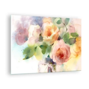 Tablou pe sticlă - O pictură în acuarelă cu trandafiri în culori pastelate delicate. - 70x50cm - Delicat ca o acuarelă - Decorațiune modernă pentru perete pentru living și dormitor ARTTOR