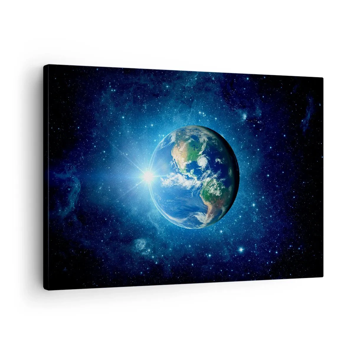 Tablou pe pânză Canvas - Pământul în spațiu, înconjurat de stele și lumină - 70x50cm - Suntem în ceruri - Decorațiune modernă pentru perete pentru living și dormitor ARTTOR