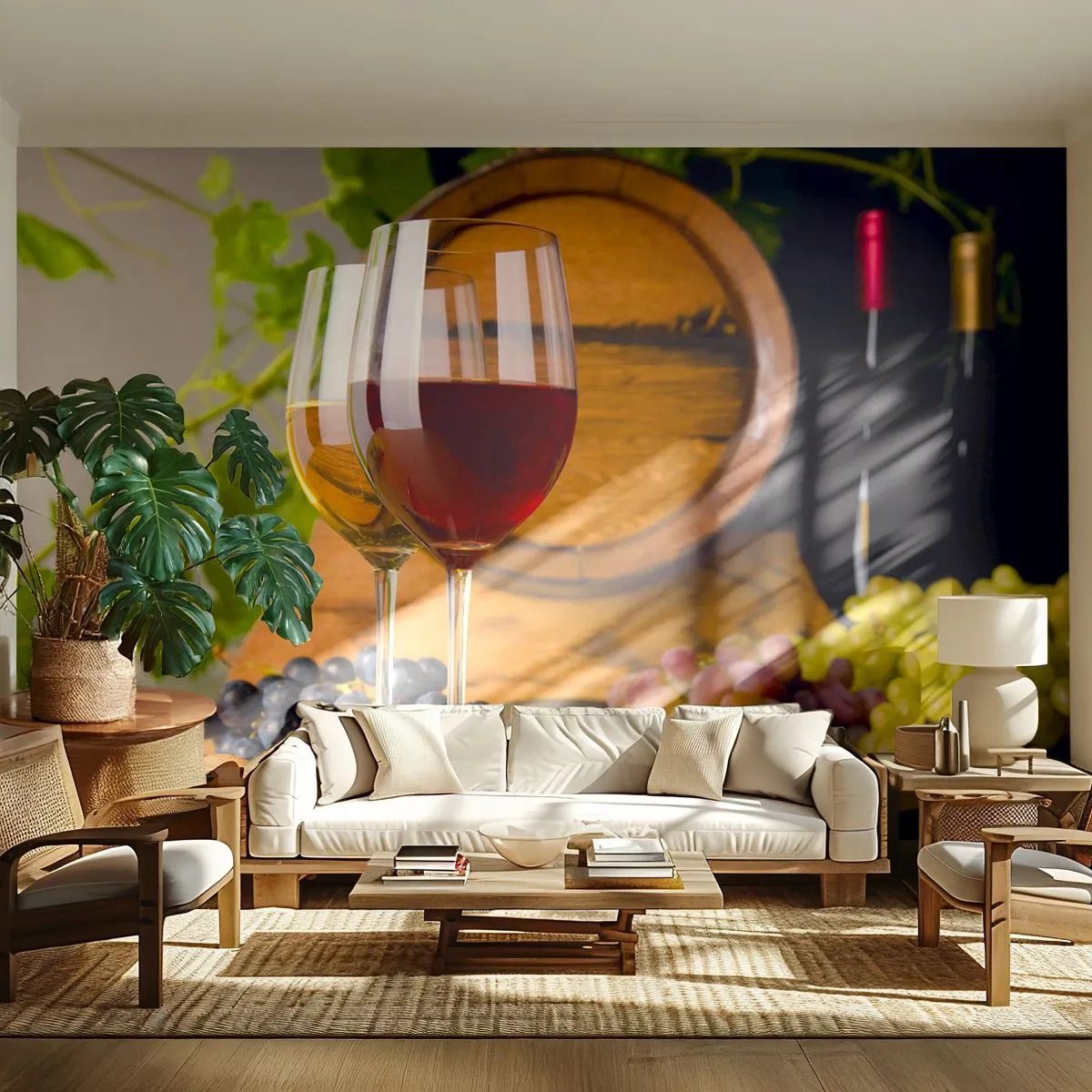 Tapet Premium Sand - Ca la vechii maeștri - Butoiul de vin, Strugurii, Un pahar de vin - 100x70 cm