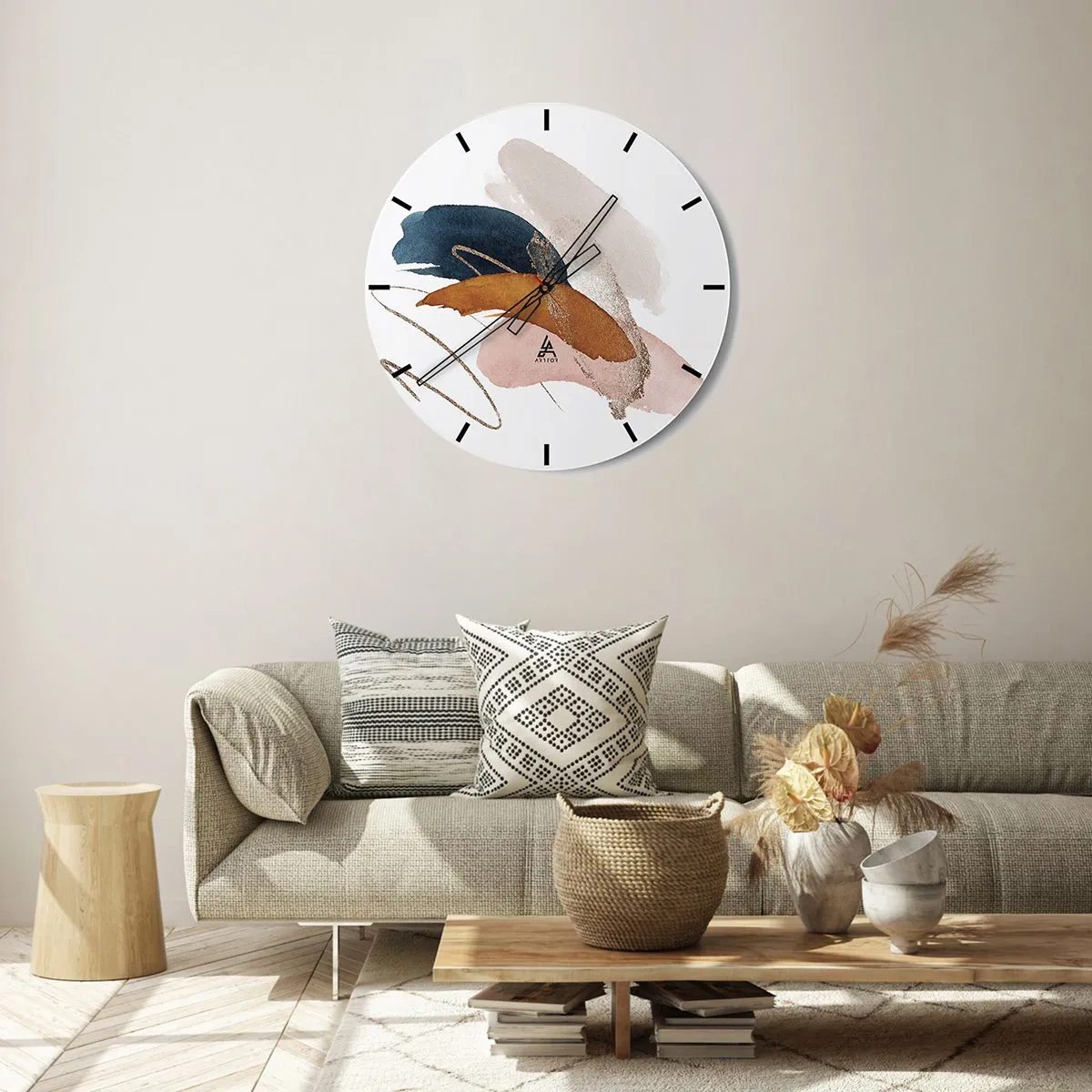 Ceas de perete - Ceas pe sticlă - Tușe colorate de pensulă pe fundal alb, într-un stil artistic - 30x30cm - Compoziție înaripată - Decorațiune modernă pentru perete pentru living, bucătărie și dormitor ARTTOR