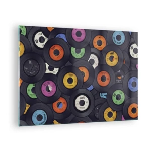 Tablou pe sticlă - Discuri de vinil colorate pe fundal negru - 70x50cm - Culorile clasicilor - Decorațiune modernă pentru perete pentru living și dormitor ARTTOR