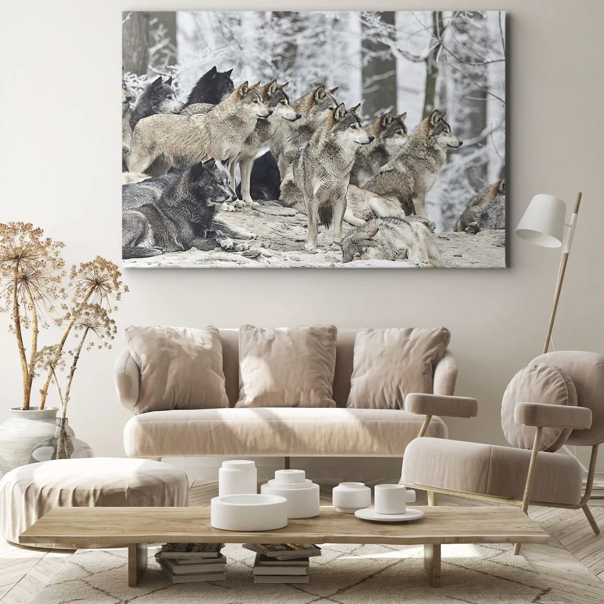 Tablou pe pânză Canvas - O haită de lupi în pădurea de iarnă - 70x50cm - Familie și prieteni - Decorațiune modernă pentru perete pentru living și dormitor ARTTOR