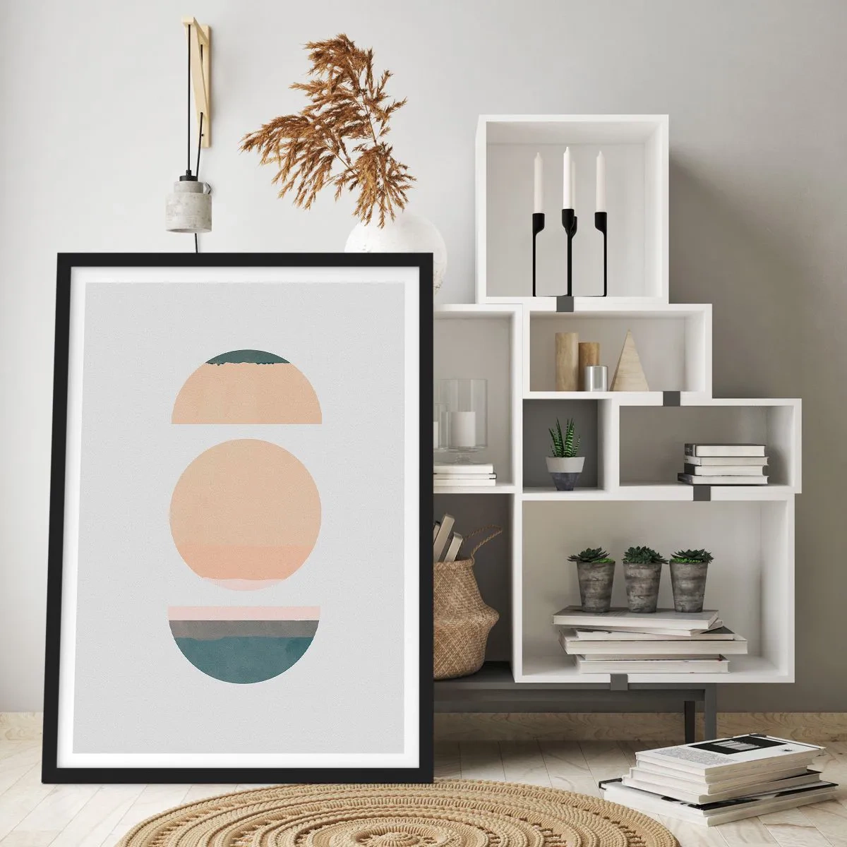Poster în ramă neagră - Cercuri geometrice în culori pastelate estompate - 50x70cm - Roată cu roată - Decorațiune modernă pentru perete pentru living și dormitor ARTTOR
