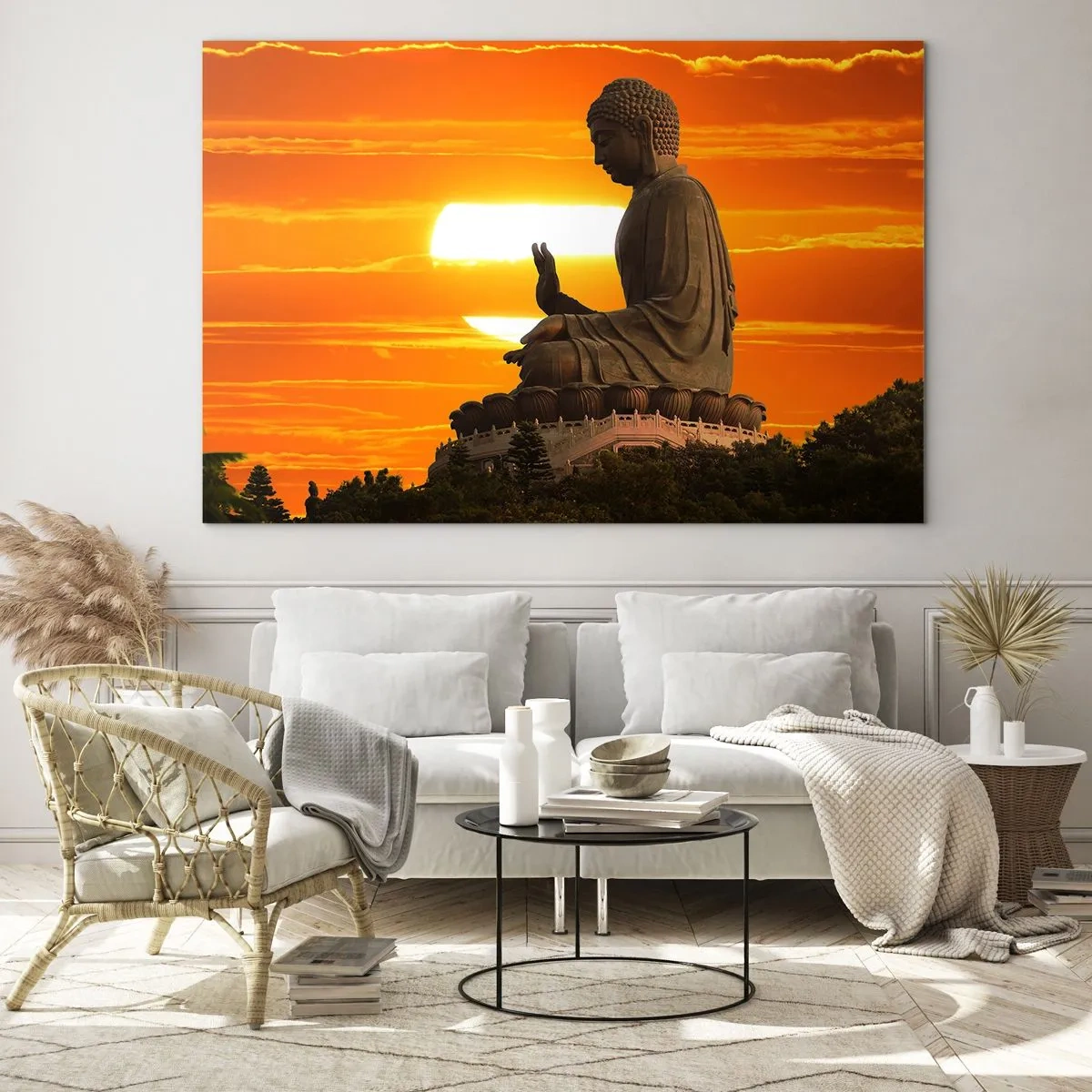 Tablou pe sticlă - Statuia lui Buddha pe fundalul apusului de soare - 70x50cm - Fără frică de lume - Decorațiune modernă pentru perete pentru living și dormitor ARTTOR