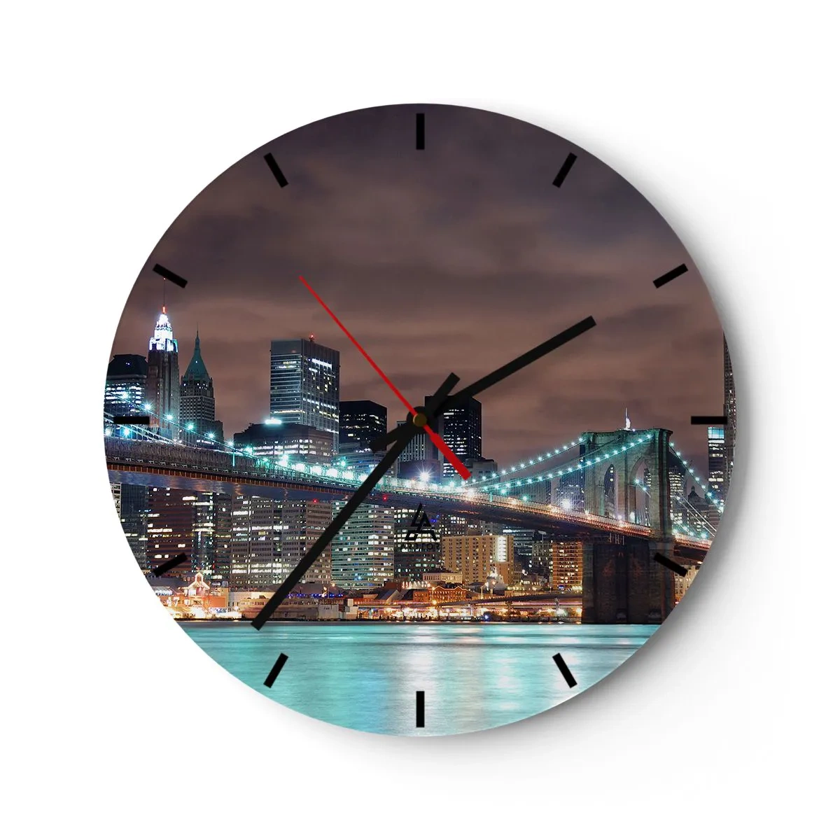 Ceas de perete - Ceas pe sticlă - Podul Brooklyn și orizontul New York-ului noaptea - 30x30cm - Luminile marelui oraș - Decorațiune modernă pentru perete pentru living, bucătărie și dormitor ARTTOR